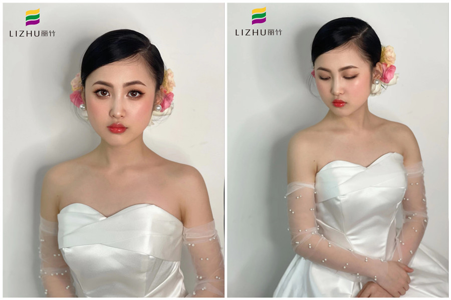 簡(jiǎn)約鮮花新娘妝容，廣西化妝學(xué)校新娘妝作品